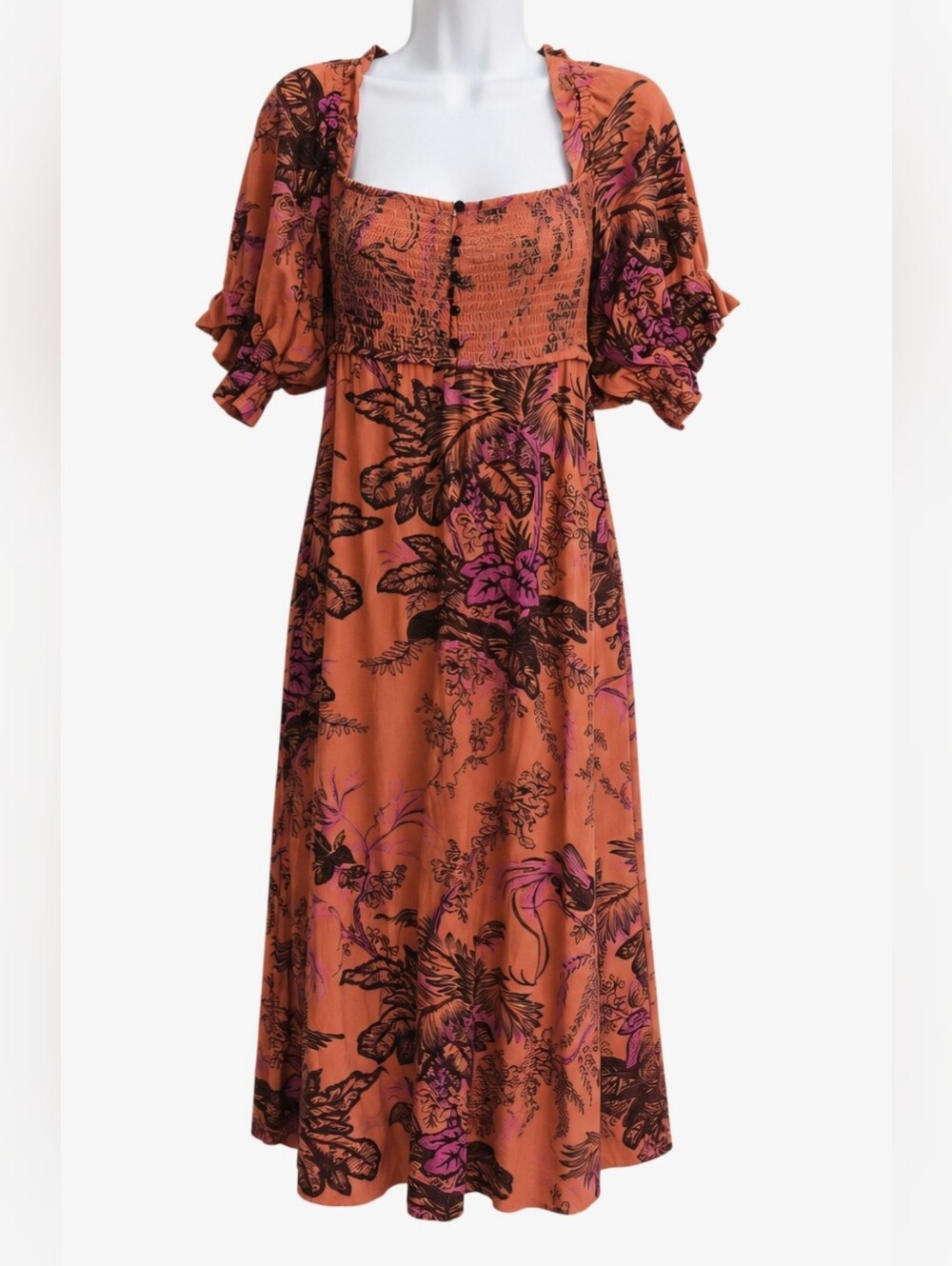 0143 Anthropologie Floral Smocked Puff Sleeve Midi Dress Small Romantic Flowy
